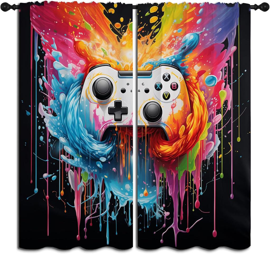Gamepad Blackout Curta For Boys Girl Bedroom Decor,Game Gamer Colorful Tie Dye Controller Thermal Insulated Rod Pocket Drapes