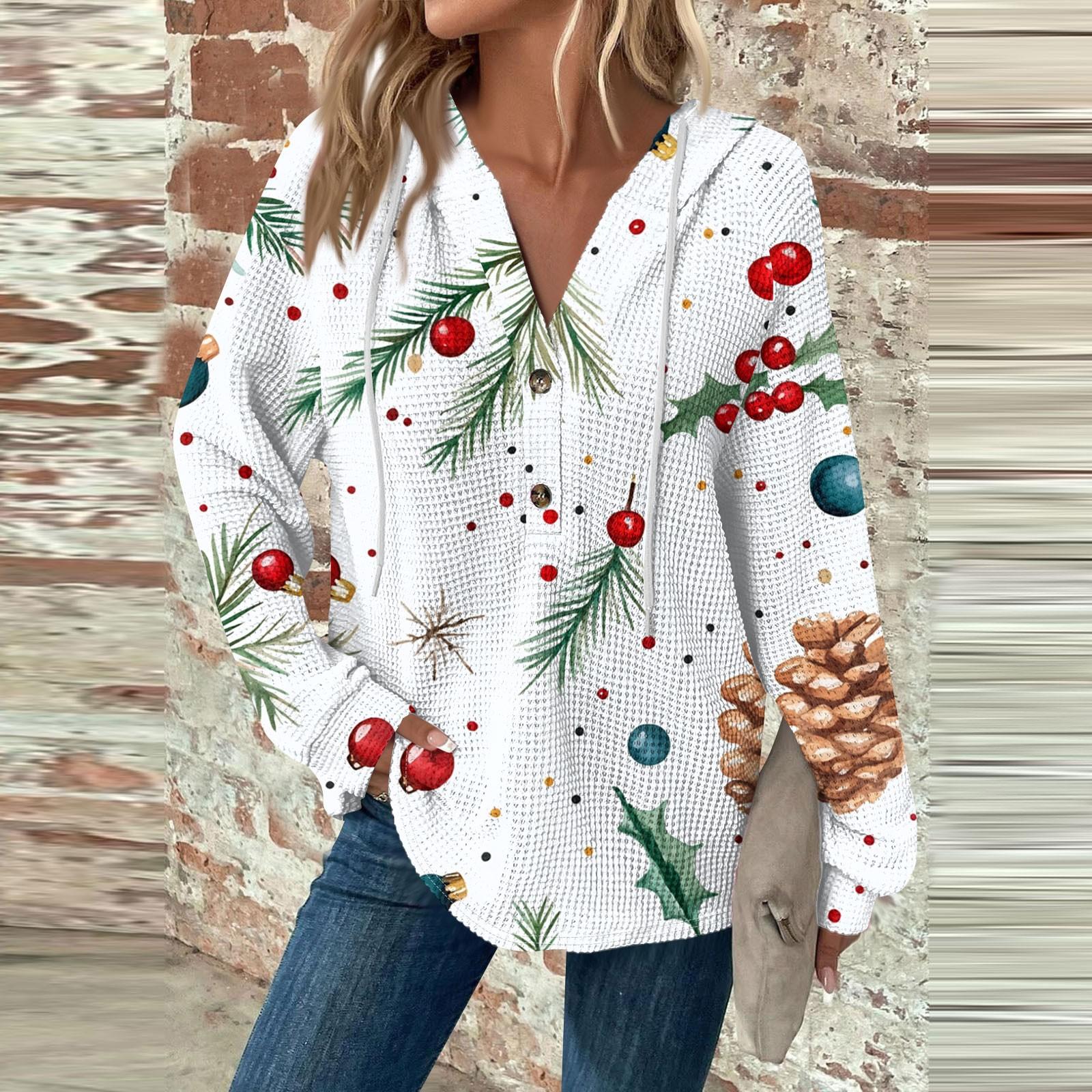 

Женский повседневный топ с длинными рукавами, пуговицами, V-образным вырезом, рождественским принтом, завязками и капюшоном XL белый