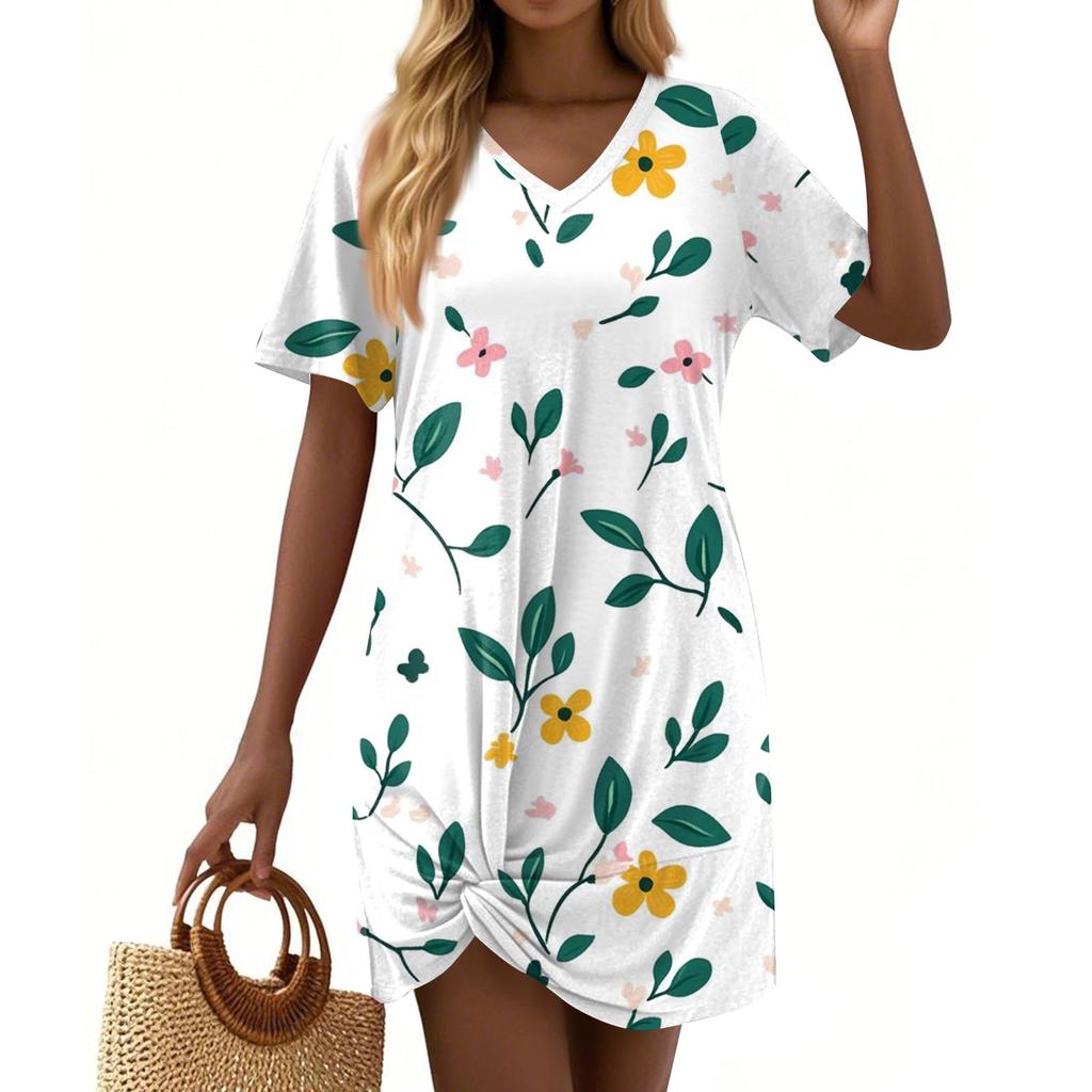 Women's Summer Casual Floral Printed Hem Knotted Short Sleeve Dresses