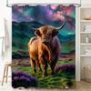 Highland Cow Shower Curtain Animal Print Home Decor with Green Mountains and Northern Lights 180 X 180cm Waterproof Fabric Moder