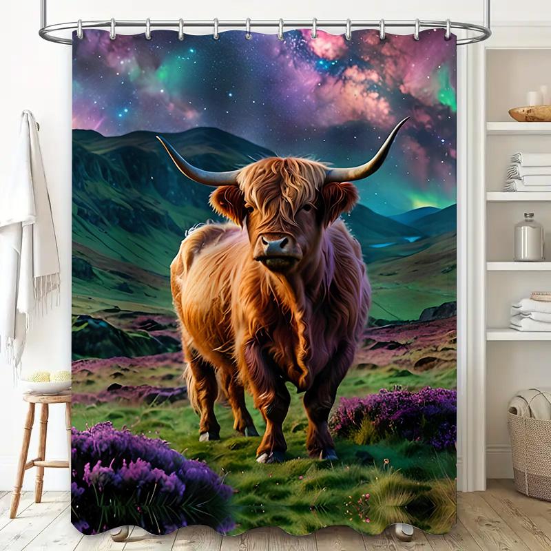 Highland Cow Shower Curtain Animal Print Home Decor with Green Mountains and Northern Lights 180 X 180cm Waterproof Fabric Moder