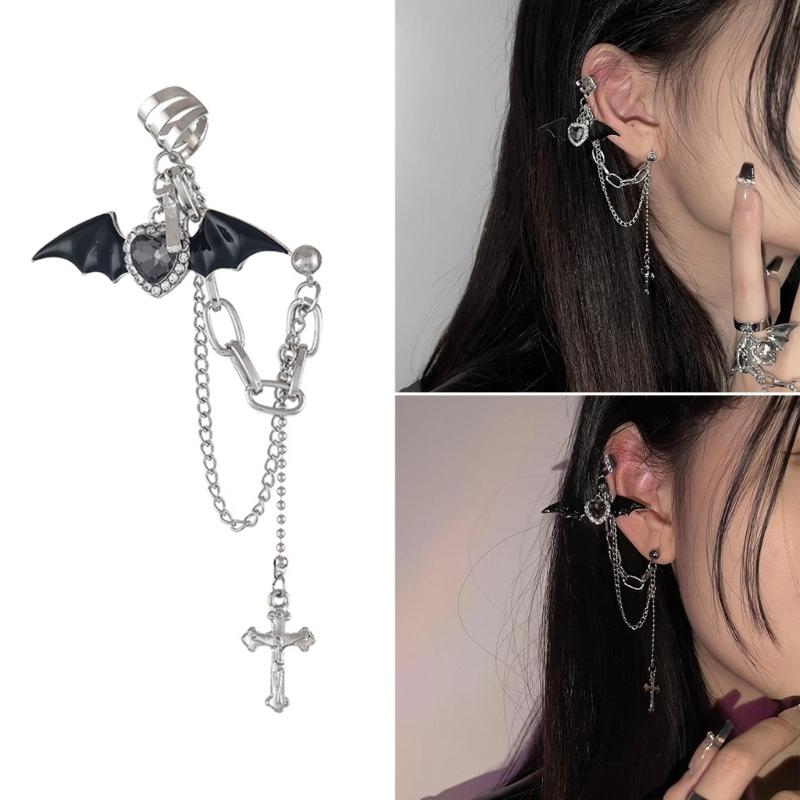 Goth Punk Halloween Devil Stud Earrings Women Rhinestones Crossed Chain Ear Clip Halloween New Year Costume Accessories