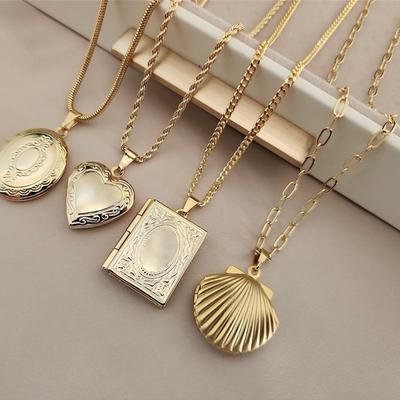 Mehrere herzförmige Geschenkboxen aus Edelstahl mit Muscheln, Ovale Form, Abnehmbares Anhänger-Halsketten-Set