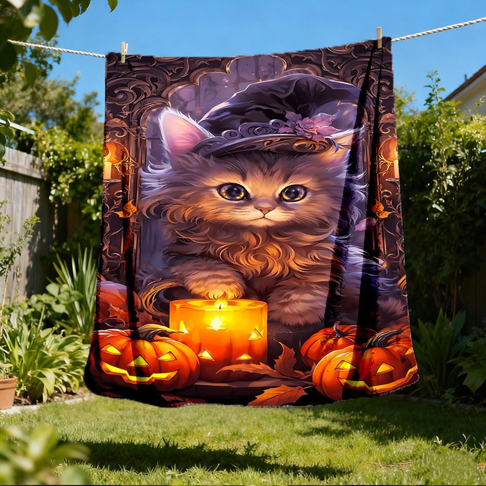 1pc Witch Hat Kitty Art Throw Blanket Polyester Fiber, Lightweight Flannel, Soft & Warm, All Season Use for Outdoor, Camping Digital Print