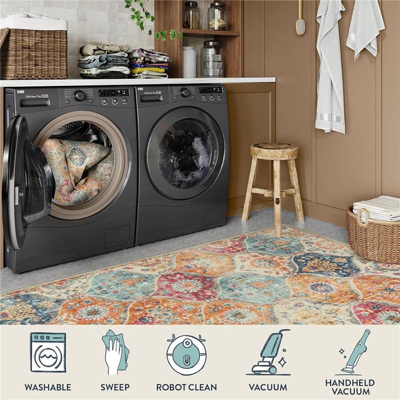 Covor Lavabil Moroccan Trellis 2x1.4m Covoare de Baie Antiderapante Covoraș de Interior pentru Ușă Covor Oriental Mare pentru Dormitor Intrare Covoraș de Rugăciune Crem/Multi