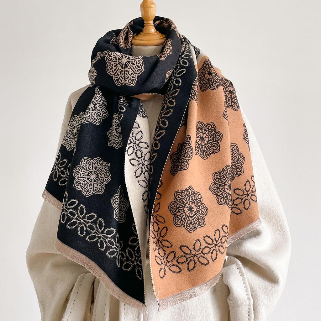 Ladies Double Sided Faux Cashmere Scarf Retro Floral Print Soft Warm Shawl With Fringe Stylish Outdoor Matching Accessory