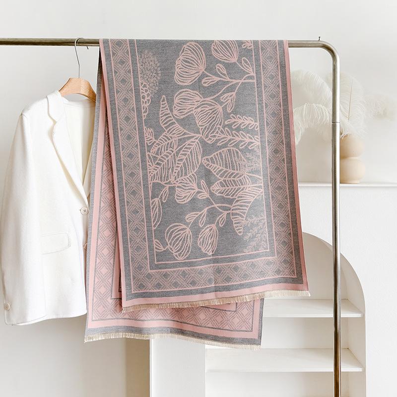 Korean High-End Petal Printing Women'S Imitation Cashmere Thermal Scarf Double-Sided Two-Color Air Conditioner Shawl