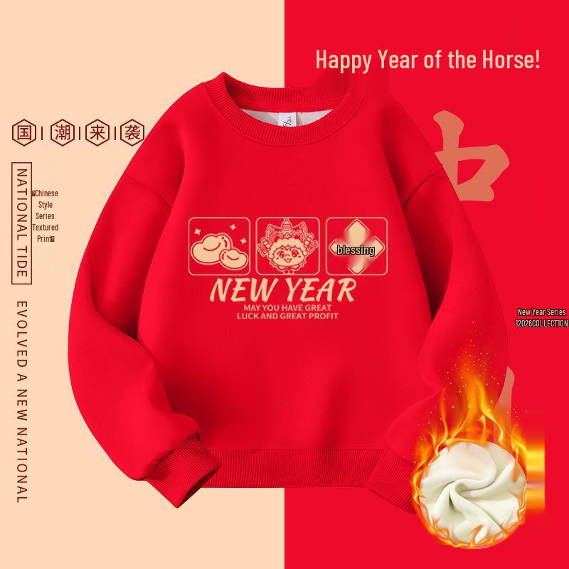 

Children s Red New Year Velvet Hoodie – Unisex, Warm, Thick Pullover 110cm