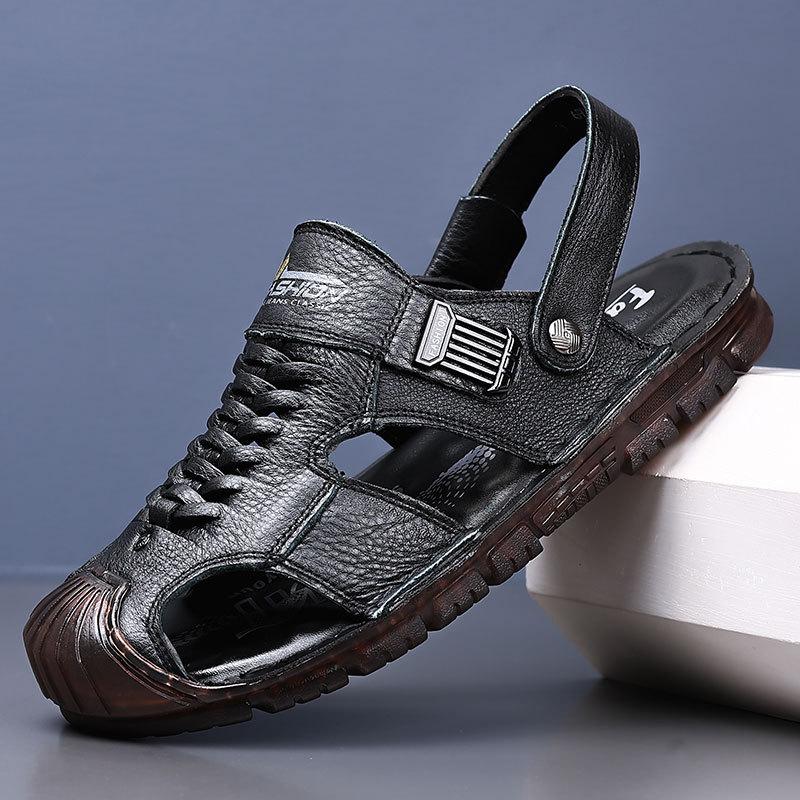 Sandals Men's 2025 Summer New Youth Baotou Beach Shoes First Layer Cowhide Breathable Dual-purpose Beef Tendon Bottom Cool Slippers
