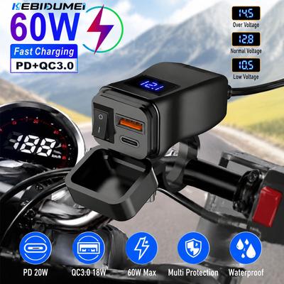 60W PD Dual QC3.0 Motorcycle USB Charger Fast Charging With Voltmeter Thermometer Digital Display Mobile Phone Charger Socket
