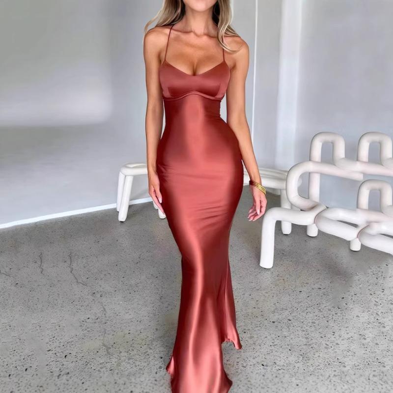 Women's Evening Dress Summer Sleeveless Backless Strap Waist Cinching Sexy Club Long Dress Women Fashion Elegant Solid Color Slim Fit Party Dresses