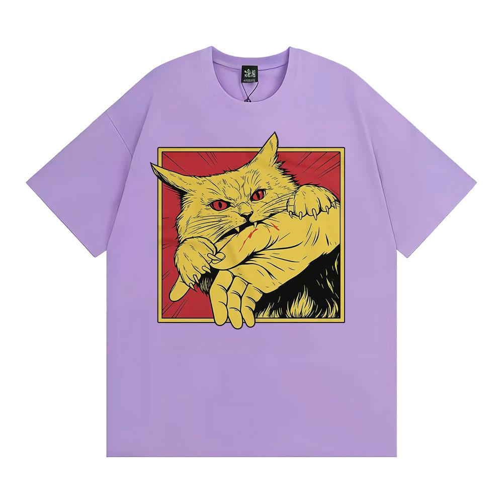 Angry Cat Biting Hand Funny Meme Tee Shirt Unisex Fashion Vintage Oversized T Shirt Men Summer Tops High Quality Cotton Tshirts