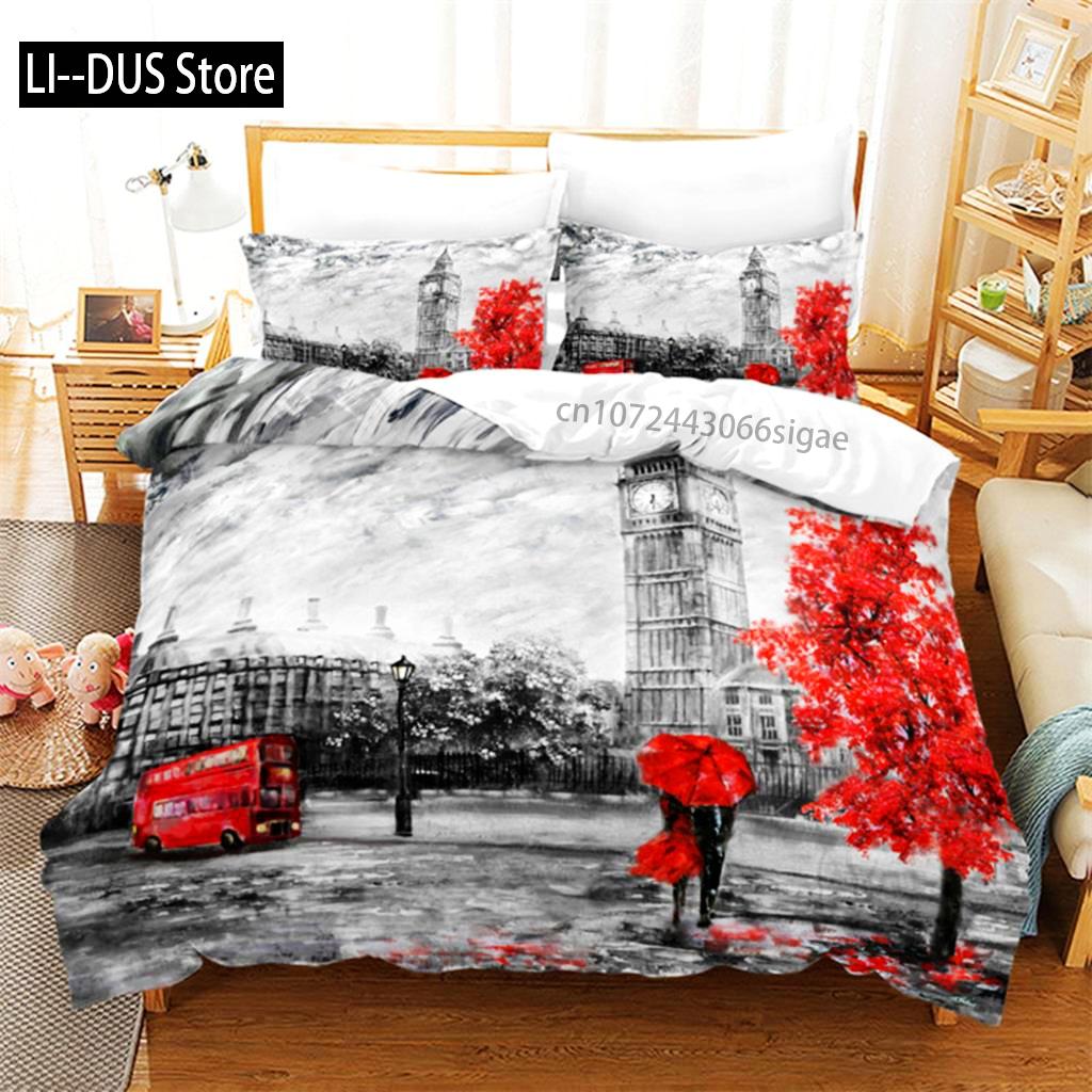 Duvet Cover Eiffel Tower Romantic Couple Flower King Comforter Cover Microfiber France Paris Cityscape Bedding Set For Teen
