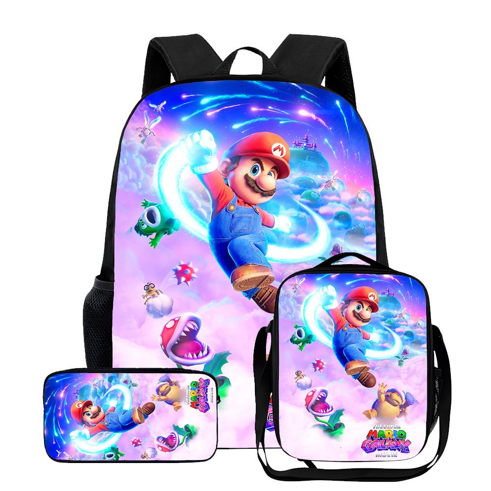 New Mario cartoon backpack, three-piece set for primary and secondary school students, school bag, backpack, shoulder bag, pencil case.