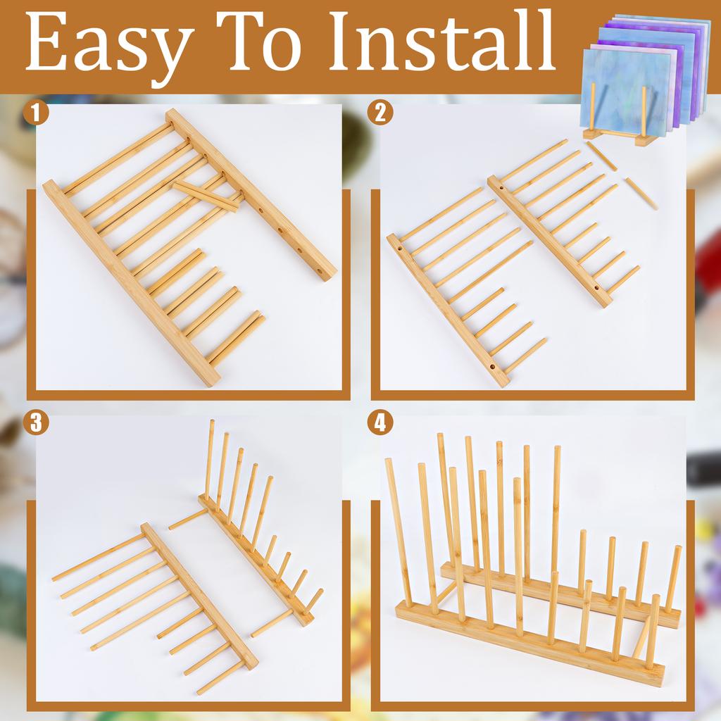 3Pack Stained Glass Organizer Bamboo Dish Plate Rack Wooden Dish Plate Stand Stained Glass Holder Space Saving Bamboo Drying