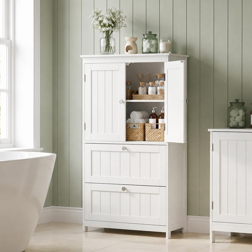 Bathroom Cabinet with 2 Drawers, Free-standing, with Adjustable Shelf and Doors In Slatted Look, White