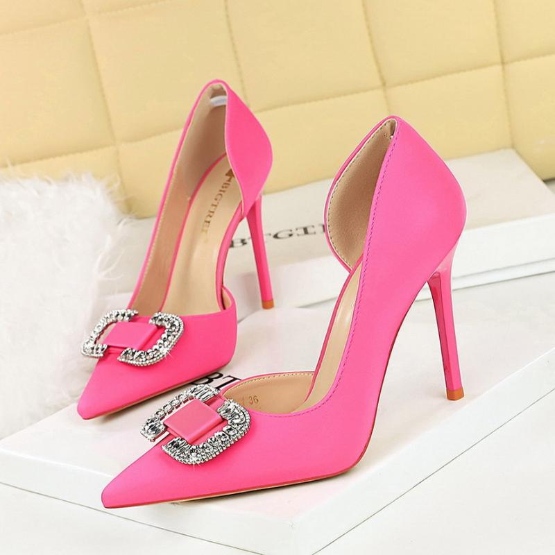 Side Empty Pointed Toe Shallow Mouth Women's Shoes Rhinestone Buckle Slim Heels High Heels Super High Heels Satin Single Shoes