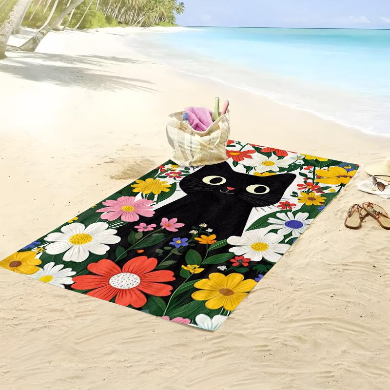 Floral Cat Beach Towel Black Cat Surrounded by Colorful Flowers Bath Towels Soft Microfiber Fabric Unisex Oversized Towel for