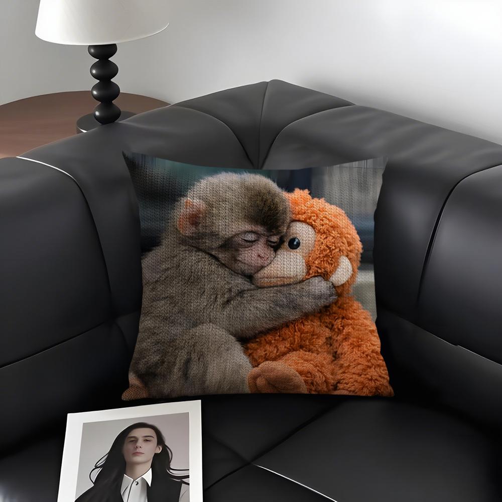 Punch Monkey Cute Cushion Cover Natural Linen Organic Fabric Double-Sided Printing Sofa Home Decor Gift Pillow Case