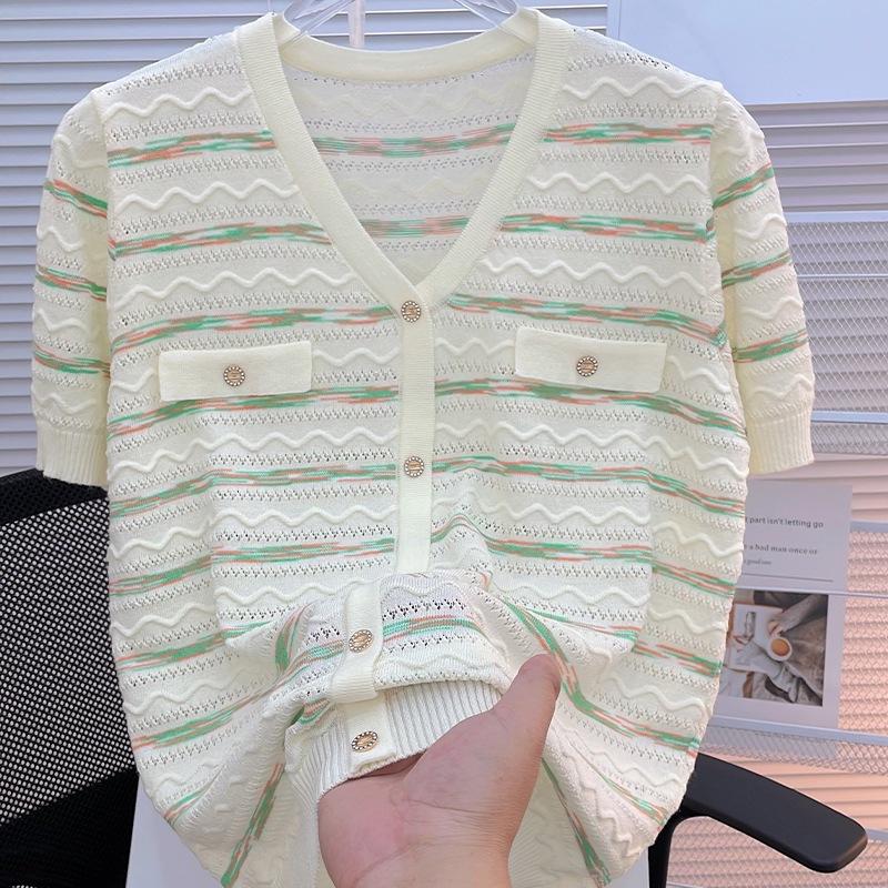 

Женская вязаная футболка с ажурной полоской, из ледяного шелка, игольной вязки, с V-образным вырезом, женская футболка с коротким рукавом, тонкая 3XL зелёный