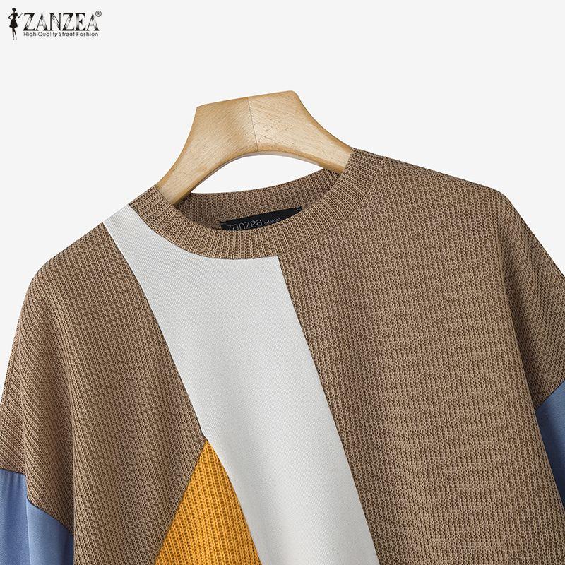 ZANZEA Women Casual Round Neck Long Sleeve Loose Patchwork Pullover Sweatshirt