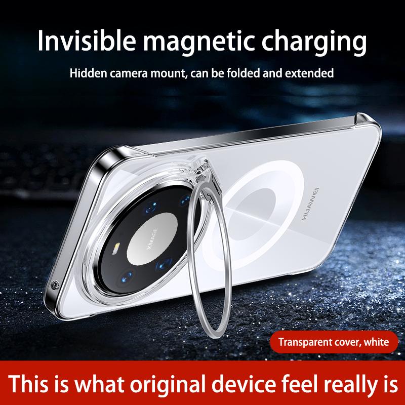 Frameless for Magsafe Magnetic Phone Case Huawei Mate 60 70 80 Pro Max + Lens Stand Holder Transparent Protective Back Cover