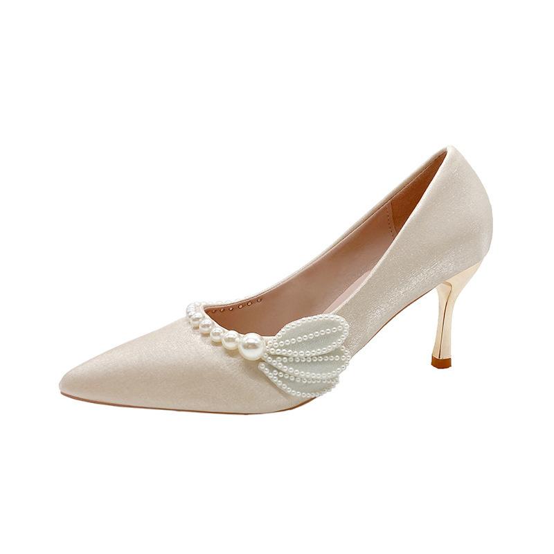 Pearl bridal high heels 2025 new pointed show clothes wedding shoes pregnant women are not tired feet Chinese wedding shoes women