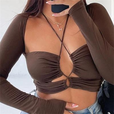 Hollow Out Women T Shirts Sexy Halter Crop Top 2022 Long Sleeve Autumn T Shirts Casual Tops Streetwear Halter Fashion Casual