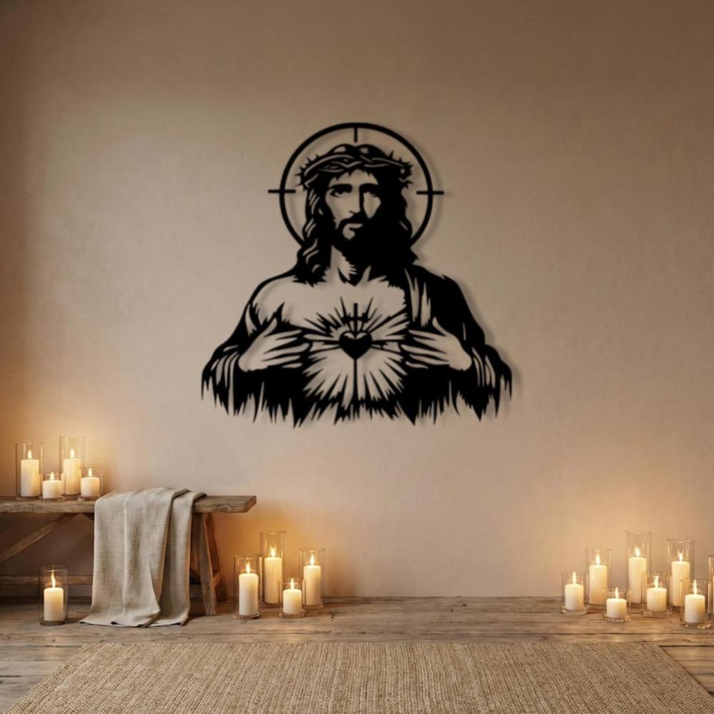 Black Metal Sacred Heart Wall Art, Catholic Jesus Sign, Christian Religious Home Decor, Spiritual Gift for Believers