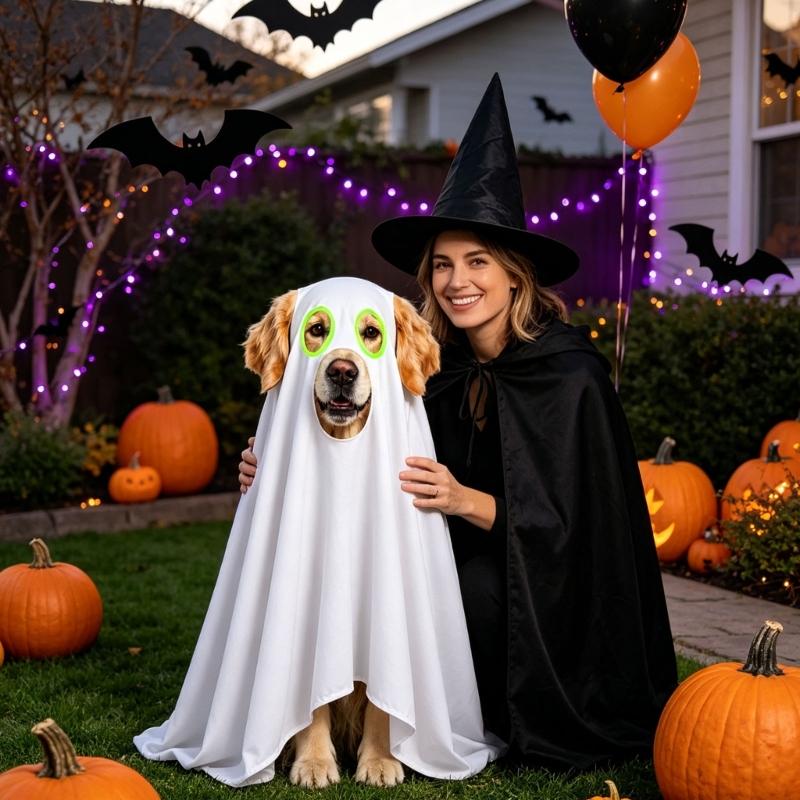 Party Photo Dog Costume for Halloween, Soft Fabric Pet Outfit for Dogs with White Draped Styling, Face Opening, and Holiday Gathering Appeal