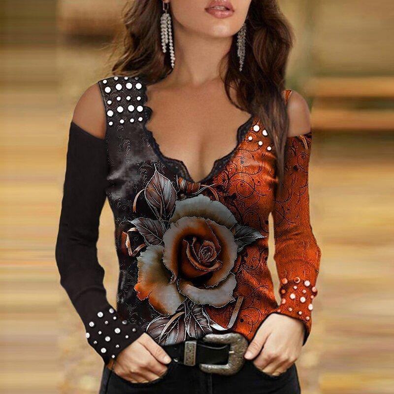 Spring V Neck T Shirt With Lace And Flower Print For Elegant Office Wear