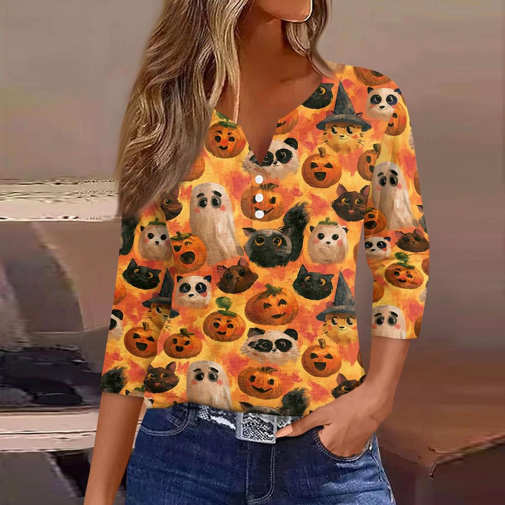 Lady's fashionable casual V-neck buttoned Halloween print three-quarter sleeve