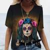 Summer V-neck 3D Flower Skeleton Printed Top Fashionable Casual Short Sleeved Women's T-shirts
