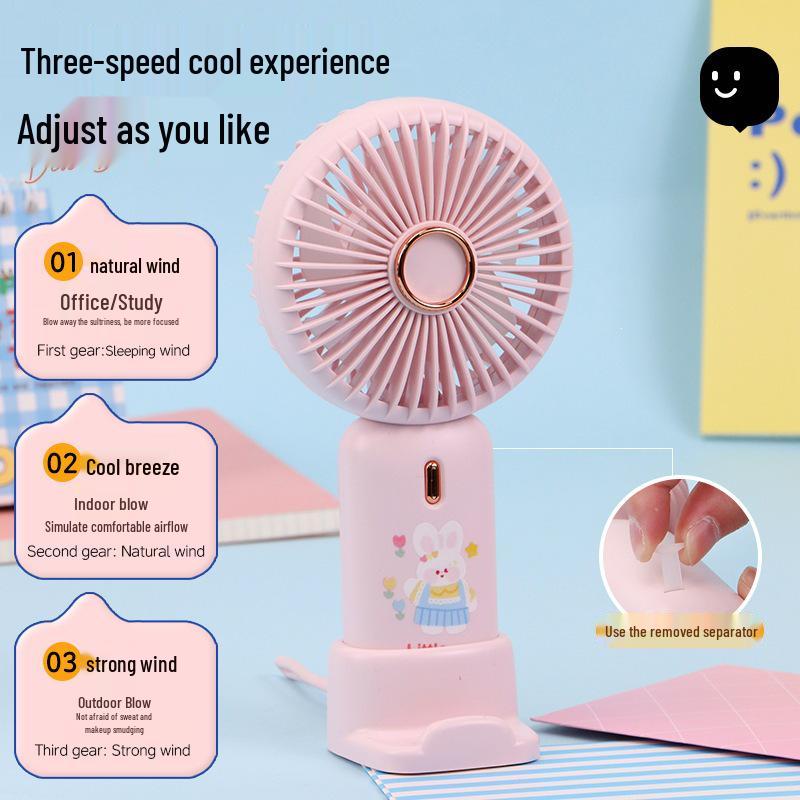 2026 Handheld Cartoon USB Charging Fan with Phone Holder