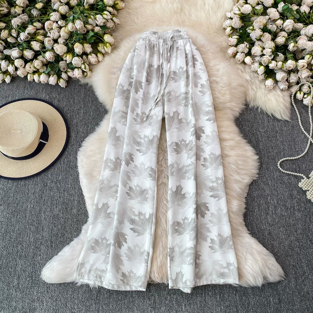 High Quality Ink-wash Acetate Satin Tie-Dye Rayon Wide-Leg Pants for Women Summer High-Waisted Slimming Loose-Fit Trousers