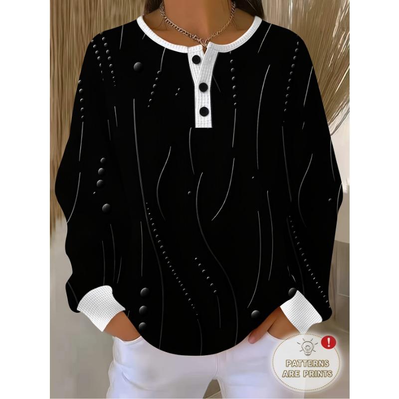 Barcode Women'S 3-Button Henley Collar Waffle Long Sleeve Top, Easy Curved Polka Dot Combination Print