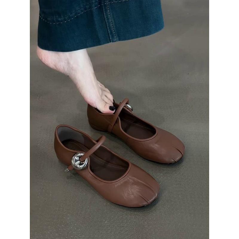 French temperament round head soft leather one-word buckle belt summer wear daily commuting versatile light mouth single shoes
