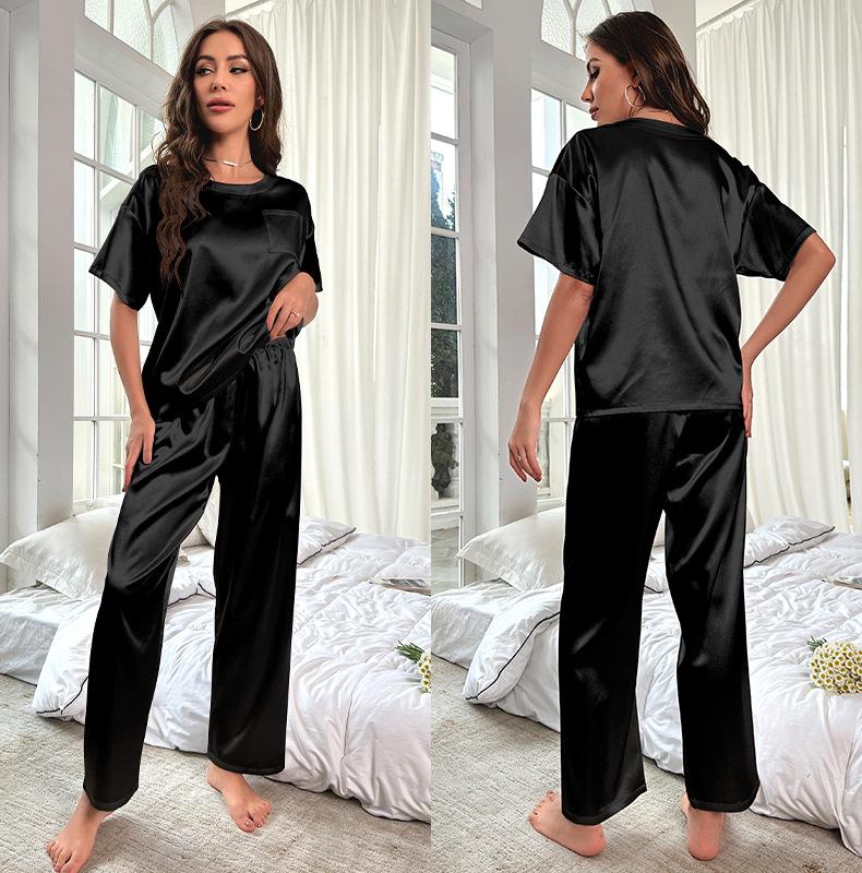 Yaoting Women's Summer Ice Silk Pajama Set - Short Sleeve Top & Long Pants, Loose Fit Casual Homewear 3147