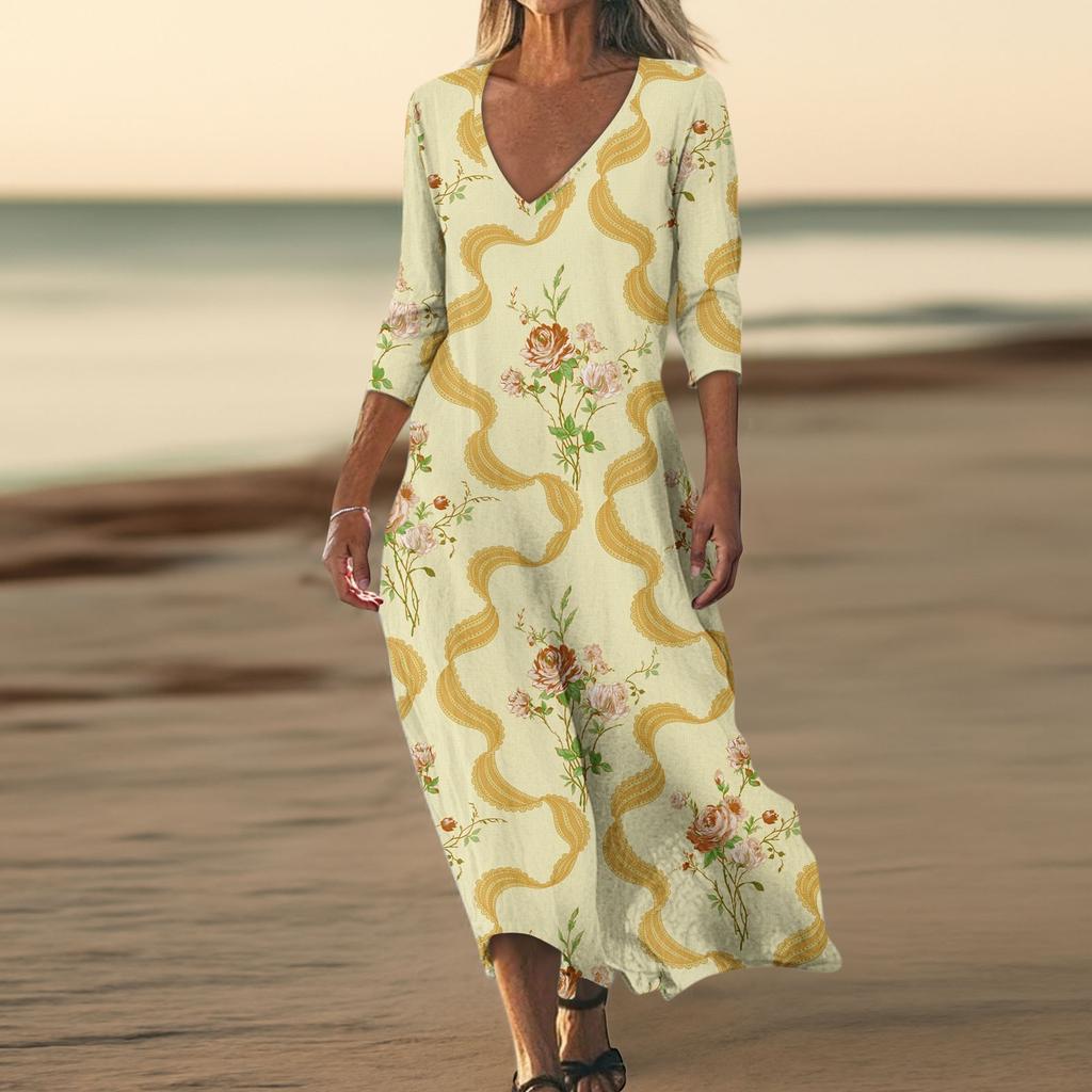 Dresses For Womens Vintage Print Tunic Waisted Midi Dress Summer Casual  3/4 Sleeve Dress