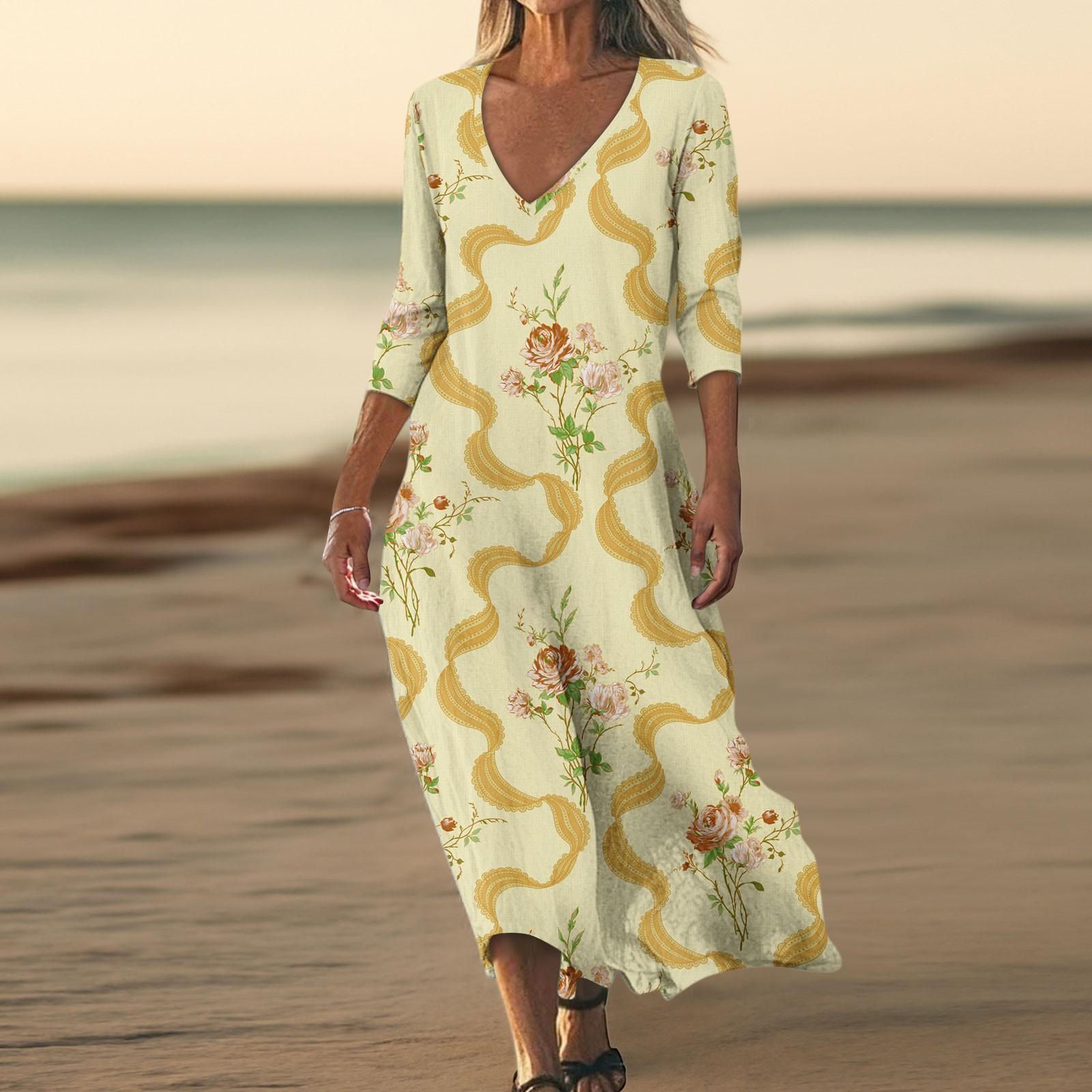 

Платья для женщин Винтажный принт Туника с завышенной талией Миди-платье Летнее повседневное Платье с рукавом 3/4 XL жёлтый