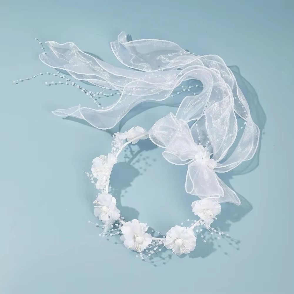 White Bridal Veil Mesh Flower Wreath Portable Marriage Headwear Outdoor Wedding Guest