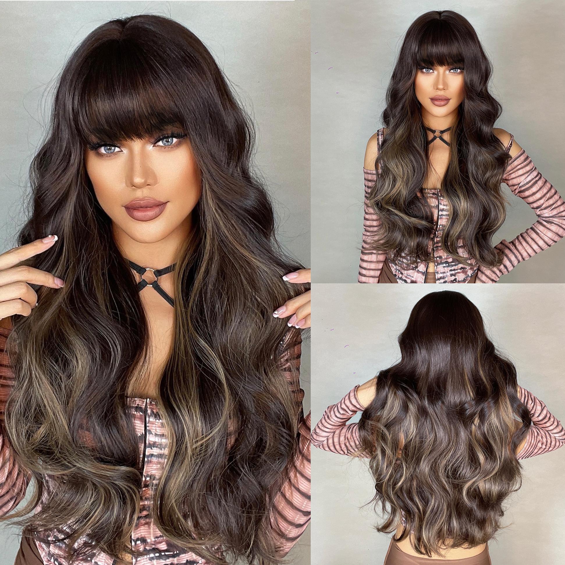 

LOUIS FERRE Red Brown Ombre Synthetic Wig Long Wavy Reddish Fail Hair With Bangs Daily Cosplay Термостійка Модна Жіноча Перука