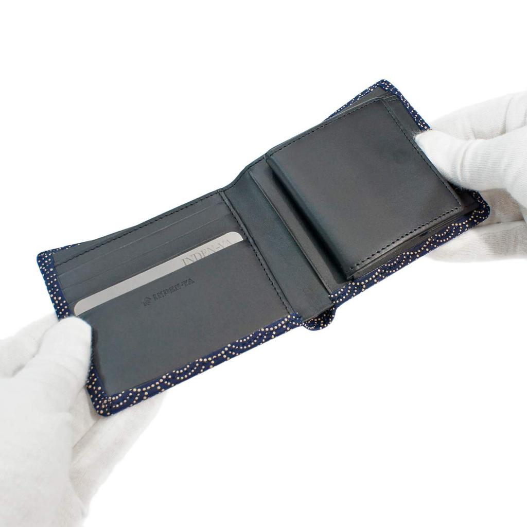 [Inden-ya] Inden Bifold Wallet with Small Bill Compartment and Box-Shaped Coin Purse, Deerskin Leather, Navy Blue with White Lacquer, Seigaiha