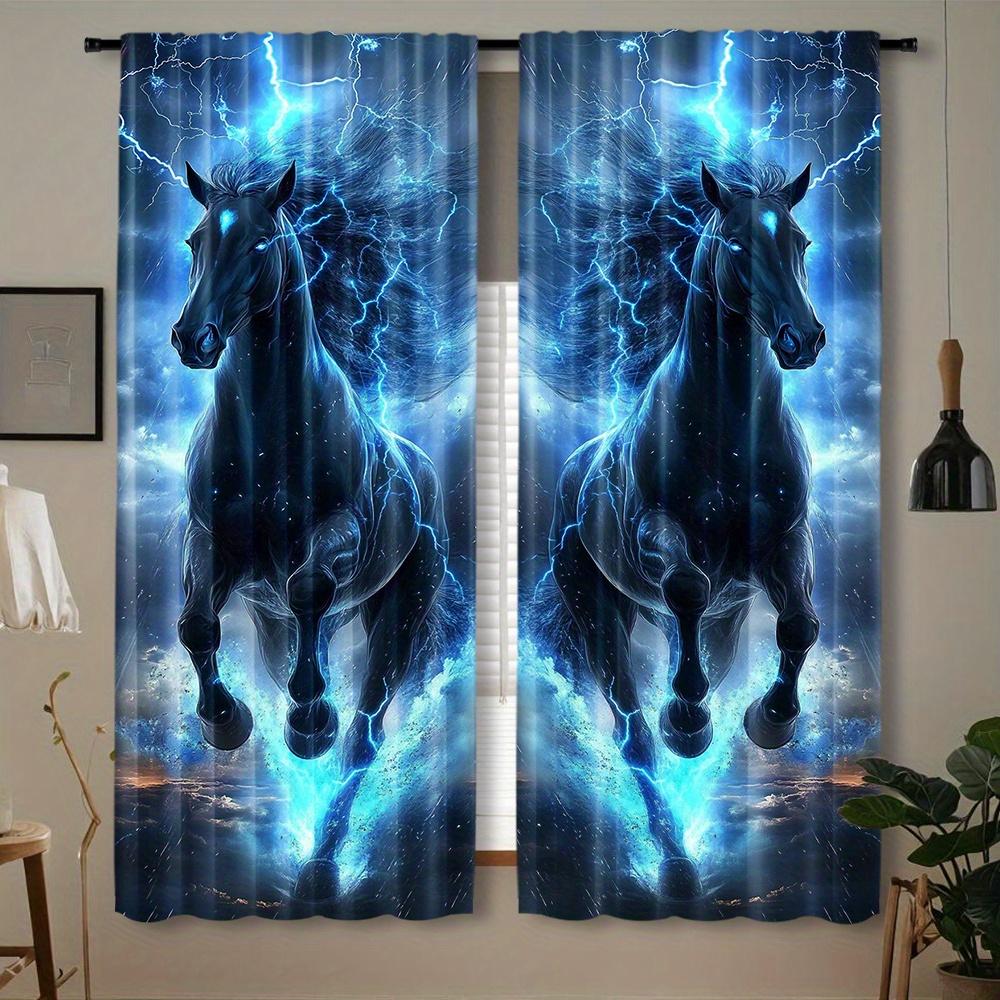 2 Packs Modern Horse Print Filter Curtains, Machine Washable, Ripplefold Bar Pocket Window Treatment Home Decoration