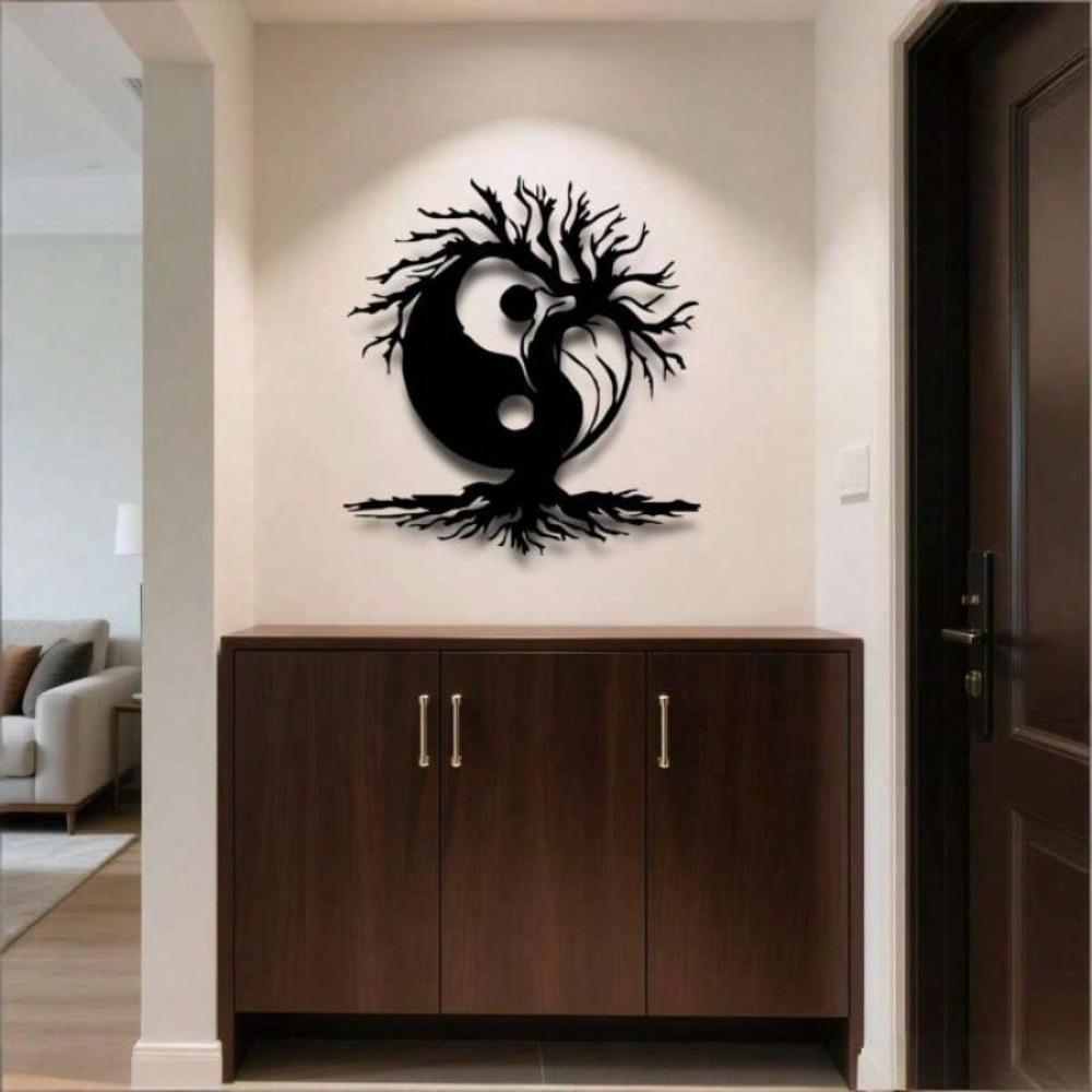 Yin Yang Metal Wall Art, Chinese Iron Tree of Life Sculpture for Office Living Room, Zen Meditation Home Decor, Black White Harmony Gift