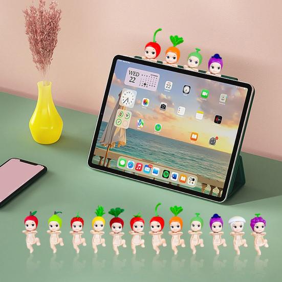 12Pcs Holding Chin Angel Doll Fruit Animal Headgear Angel Figurine PVC Cartoon Angel Figure Bookshelf Desktop Decoration Ornament