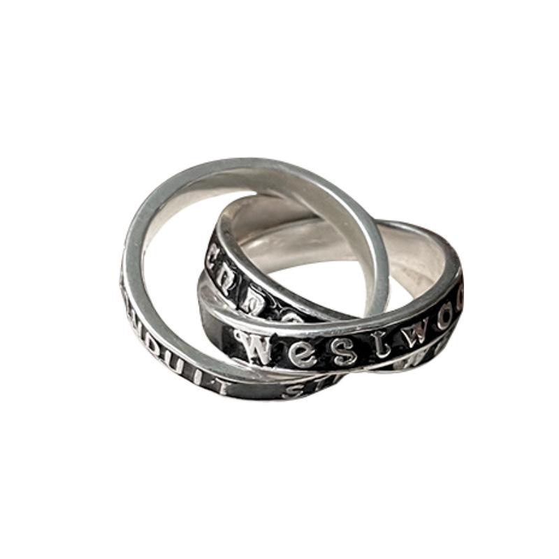 Lan Zhi Gunmetal Planet Three-Ring Enamel Drip Oil Saturn Letter Ring - Women's Luxe 925 Silver.
