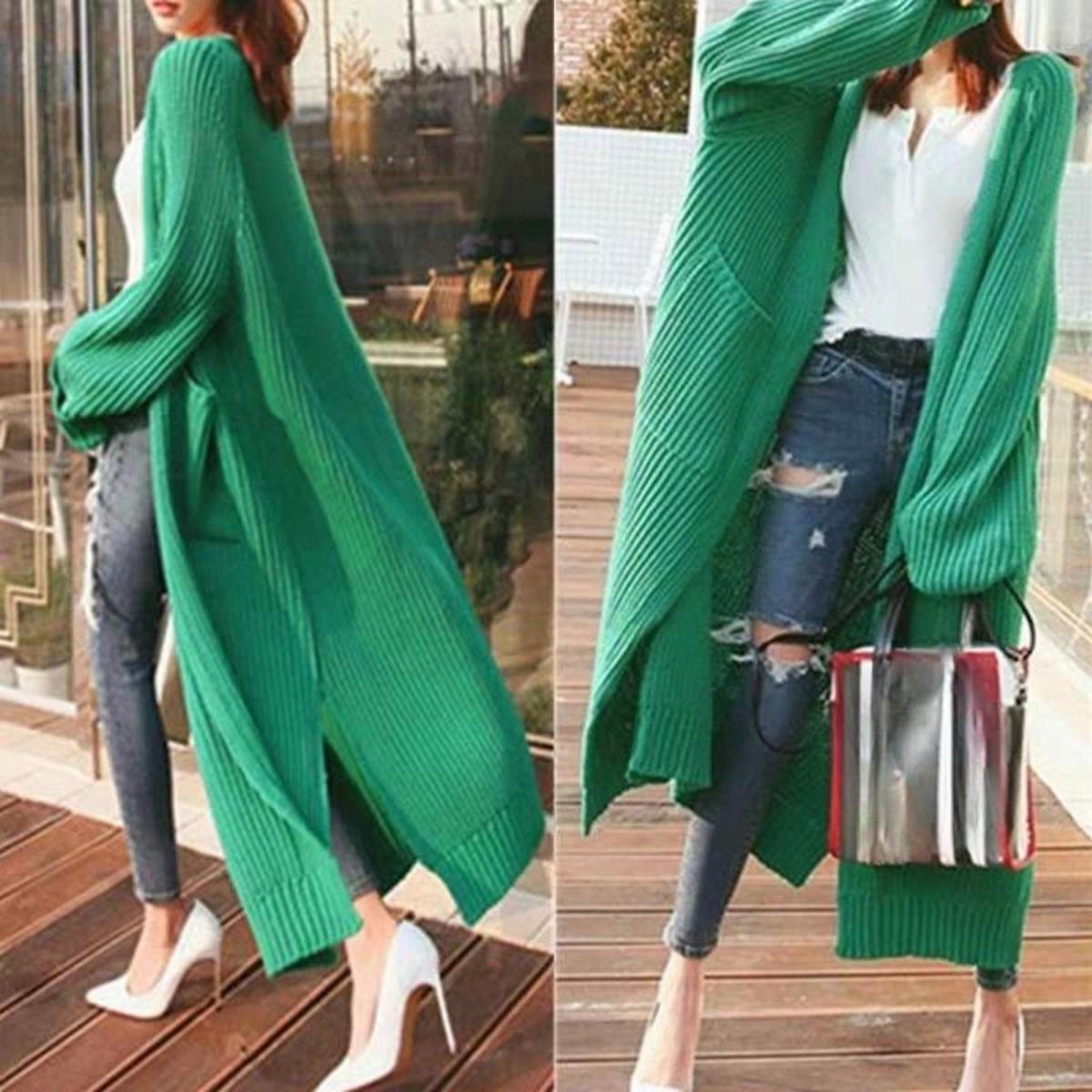 

Куртка-свитер для женщин на осень и зиму, ленивый тренд, стиль миди-макси, выше колена, свободный и универсальный, базовый, вязаный кардиган с длинными рукавами S зелёный