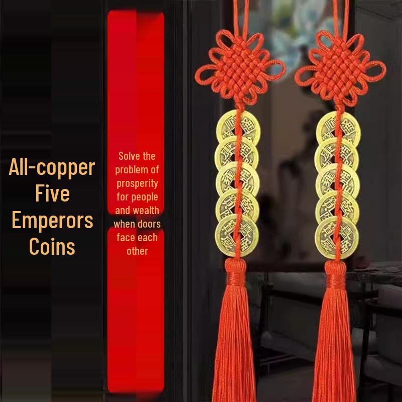 Five Emperors Copper Coins Door Hanging Ornament - Pure Brass Chinese Knot for Main Entrance