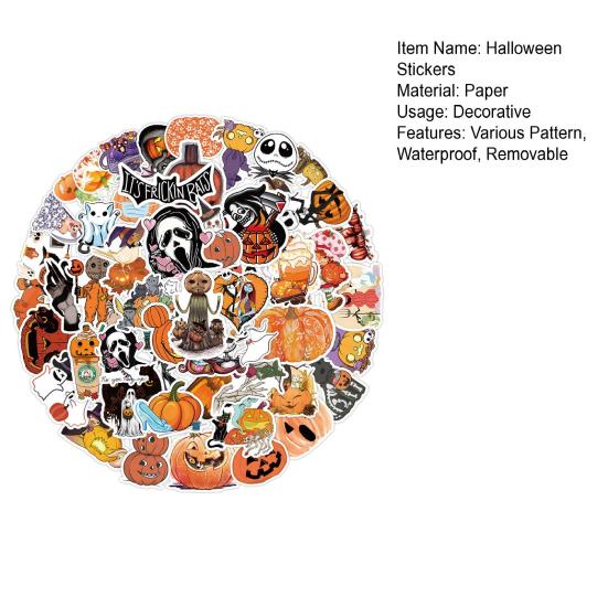 50Pcs Halloween Cartoon Stickers Various Pumpkin Witch Skull Ghost Funny Decals Waterproof PVC Adhesive Halloween DIY Decoration Stickers for